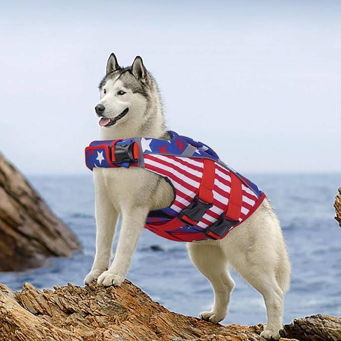 Kuoser Reflective Dog Life Jacket, Dog Life Vest for Swimming Boating | Adjustable Pet Lifejackets, High Flotation Doggie Swimsuit with Rescue Handle for Small Medium Large Dogs