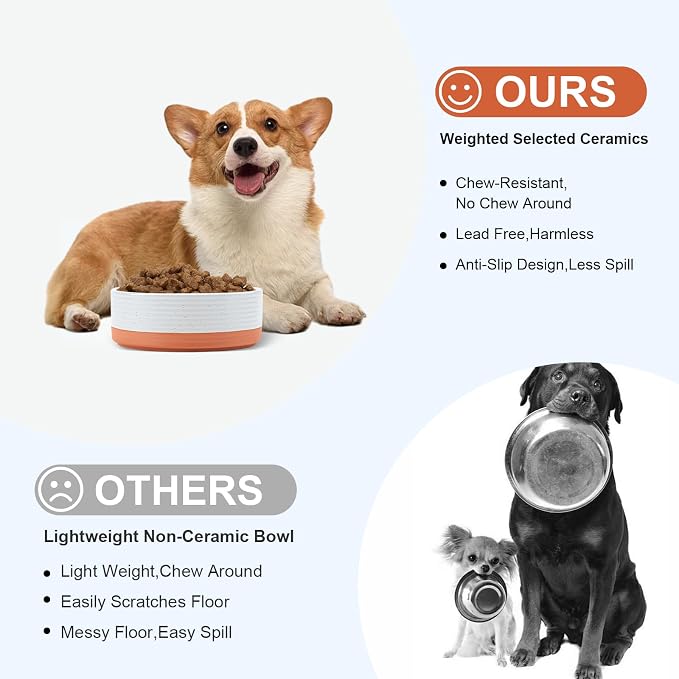 SPUNKYJUNKY Ceramic Dog and Cat Bowls 2 Pack, 6.1'' Dog and Cat Food Water Double Feeding Bowls Non-Slip for Cats and Medium Sized Breed Dogs Microwave Dishwasher Safe - 28.7 OZ, 2pcs, Pattern White