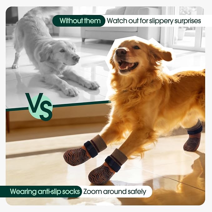 Kuoser Non Slip Dog Socks for Hardwood Floors, Anti-Slip Dog Grippy Socks to Prevent Licking Paws, Double-Sided Traction Dogs Booties Paw Protectors for Small Medium Large Senior Dogs, 4 Pack-Brown M