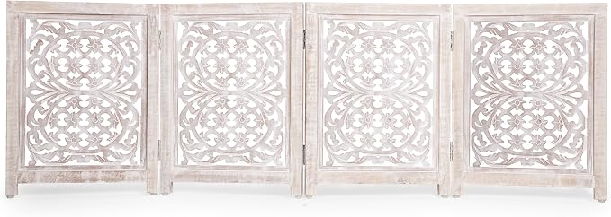 Lightnpro 4-Panel Carved Wooden Dog Gate with Stopper – 72 Inch Extra-Wide Foldable Freestanding Pet Barrier, White Wash Indoor Safety Fence for Small Dogs & Puppies – 24x18 Inch Panels