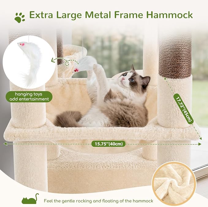 Globlazer S51 Sturdy Cat Tree for Indoor Large Cats, Beige | 51in Cat Tower with 4 Scratching Posts, Large Cat Tree with hammock for Cats Large Adult, Hanging Baskets, Top Perch