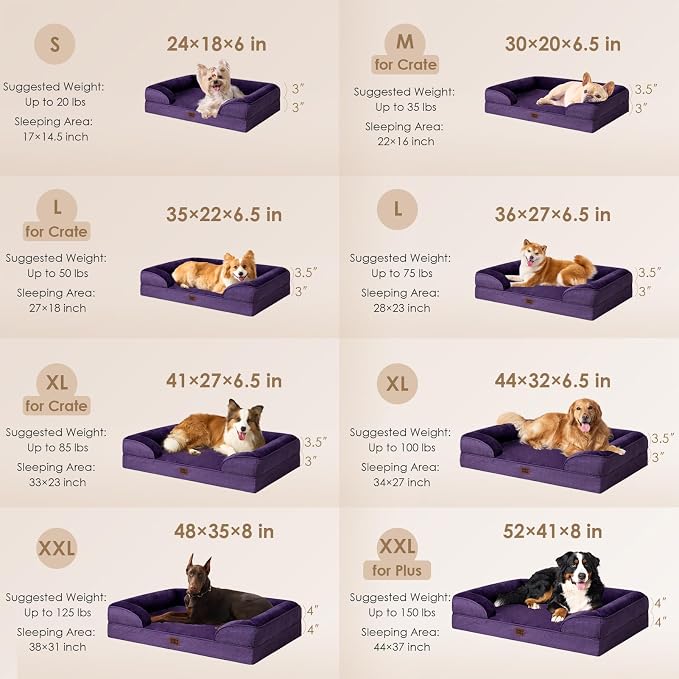 EHEYCIGA Orthopedic XXL Dog Bed, Waterproof Washable XL Big Pet Bed 52" | Non-Slip Bottom and Egg-Crate Memory Foam Extra Large Pet Couch Bed with Washable Removable Cover, Purple