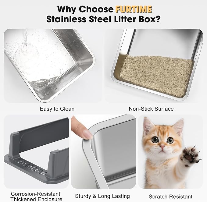 FURTIME Stainless Steel Cat Litter Box, Small Cats Metal Litter Box | High-Sided Open-Top Easy-Clean Litter Pan, Non-Stick, Anti-Leakage, Odor-Free, Comes with Scoop & Mat, 17"×13"×8.4"