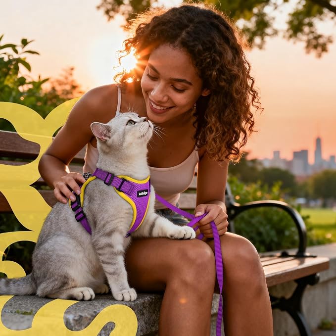rabbitgoo Cat Harness and Leash Set, Escape Proof Vest, Purple & Yellow | Soft Breathable Mesh, Easy Adjustable Fit, Snap Buckles, Sturdy Clip, Reflective Strips, for Medium to Large Cats Walks, M