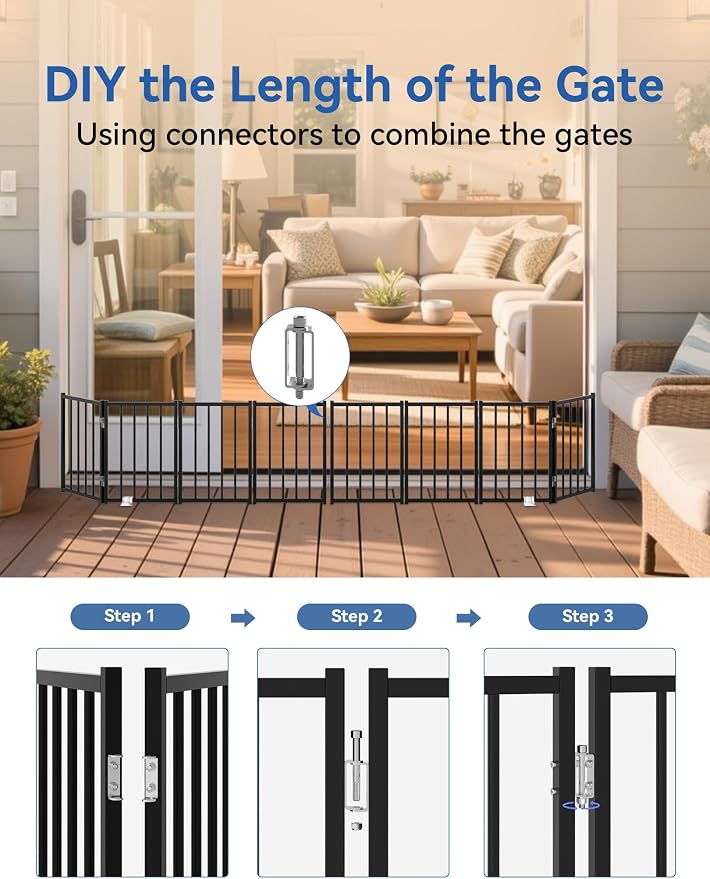 BFNN Small Dog Gate Indoor, Up to 72" W Freestanding Pet/Puppy Fence, Black | Flexible Space Control | Chewproof Steel Frame | 16.5" Step-Over Gate | Foldable | Drill-Free Setup | For Stairs & Doorways