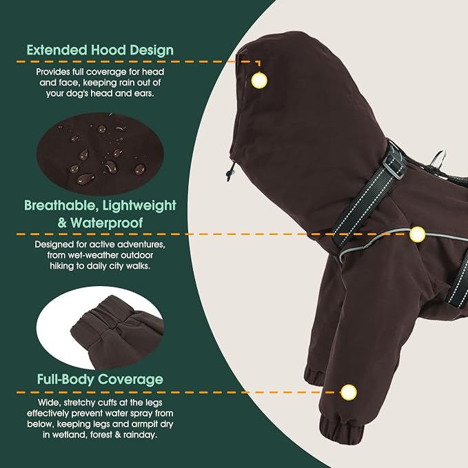 Kuoser Waterproof Hooded Dog Raincoat, Full Body Coverage, Brown 2XL | Heavy-duty waterproof material blocks rain thoroughly, Ergonomic fit for free movement, Built-in Harness, reflective strips