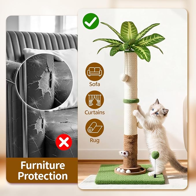35" Tall Palm Tree Cat Scratching Post Vertical for Indoor Cats | Vertical Pole Post for Indoor Cat