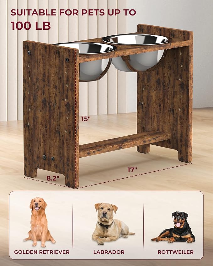 Vantic Elevated Dog Bowls, Adjustable Bowl Stand Large/XLarge, Rustic Brown | Particle Board Raised Dog Bowl Stand with 2 Stainless Steel Bowls for Large and Extra-Large Dogs