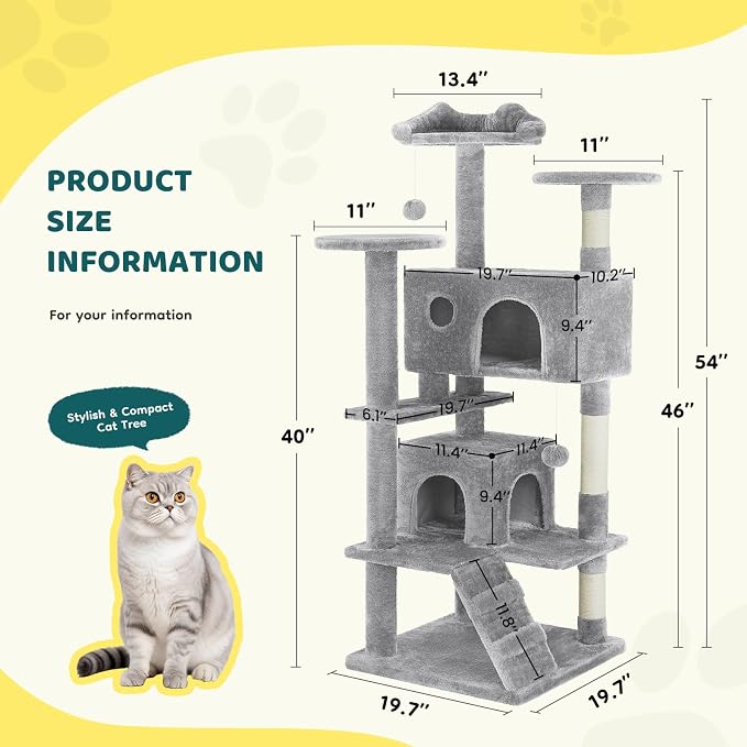 54 Inch Cat Tree Tower with Sisal Scratching Posts | Multi-Level Cat Tower with Climbing Ladder, Play Toy Balls House for Indoor Cats, Light Grey