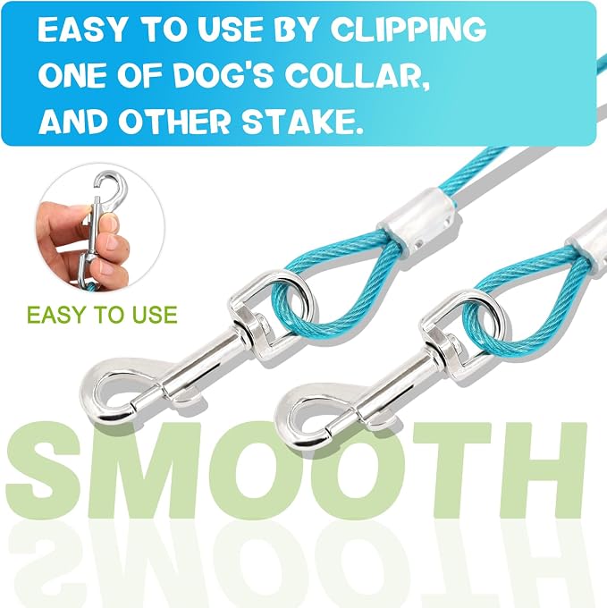 Supet Dog Tie Out Cable and Stake 32/16/10 ft Outdoor, Yard and Camping, for Medium to Large Dogs Up to 125 lbs, 16" Stake, 32/16/10 ft Cable with Durable Spring and Metal Hooks for Outdoor