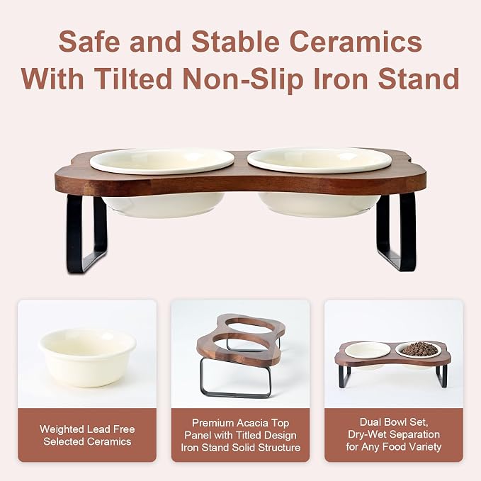 SPUNKYJUNKY Ceramic Elevated Tilted Dog Bowls Bone-Shaped Raised with 2 Height Iron Stand, 5.9'' Dog and Cat Food Water Bowls Set Non-Slip for Small Sized Breed - 13.5 OZ,Beige