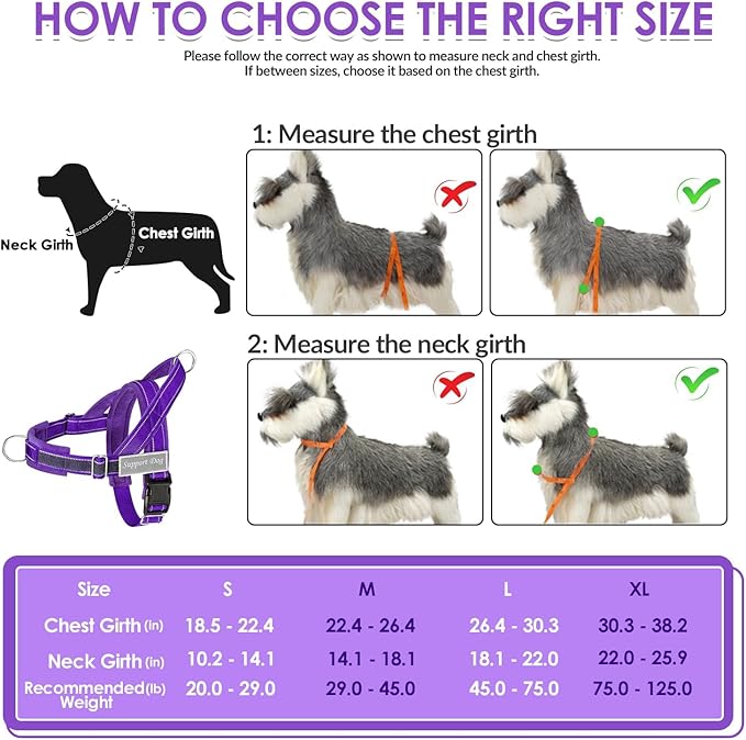SlowTon No Pull Dog Harness - Heavy Duty Dog Harness and Leash Set for Medium Large Dogs, Reflective Tactical Harness with Soft Padded and Front Clip for Easy Walk and Training (Purple, L)