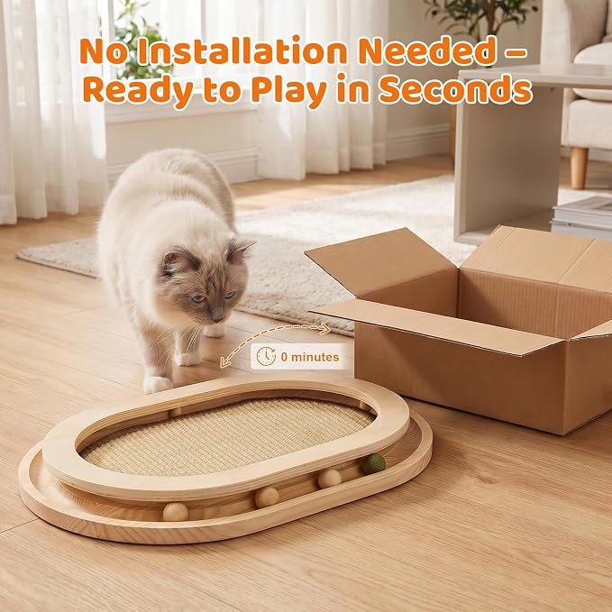 Cat Scratcher, Sisal Scratch Pad with Interactive Ball Track | No Assembly, Natural Sisal, Solid Base, Track with 3 Wooden Balls + 1 Catnip Ball, No Slip Pads, for Cat Exercise Sleep Chase