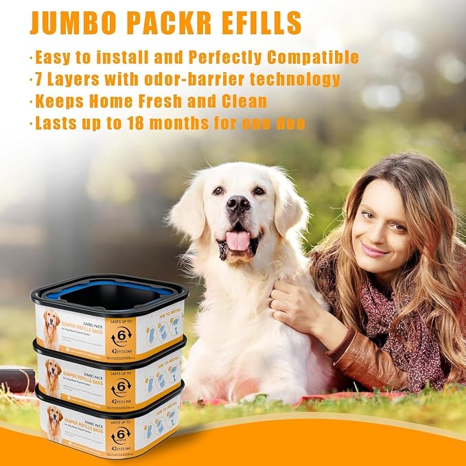 42FT Jumbo Square Refills Disposal Bags Refill Compatible with Pe.t Dogs Gen.ie Dog Waste Disposal System Pails, Up to 6 months of Supply,Ultimate Odor Control Dog Poop Bags, 4 Pack