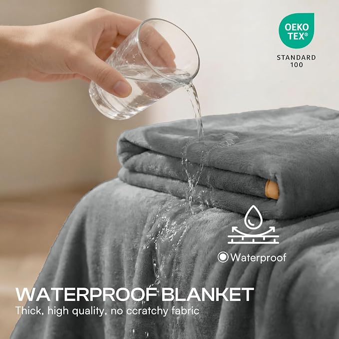 Luciphia Waterproof Pet Blanket, Washable Reversible Sherpa Fleece Throw | Liquid-proof furniture protector for bed and couch, soft reversible sherpa fleece for dogs, cats grey, XL