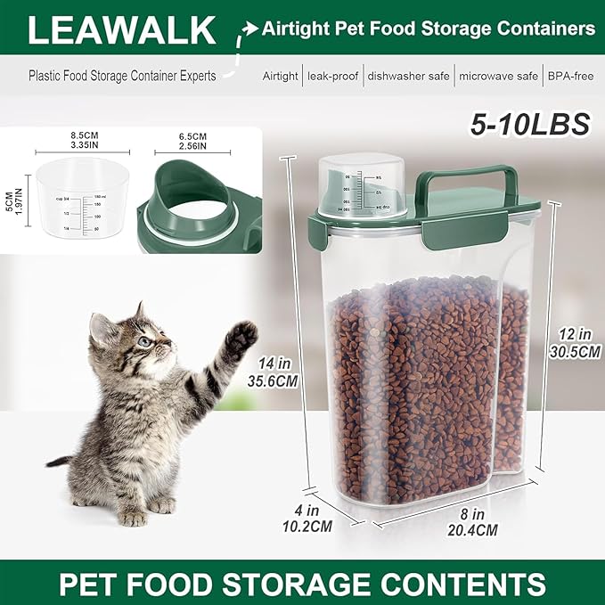 LEAWALK 5-7Lbs Cat Dog Storage Container, Portable Pet Food Containers with Upgraded Large Spout and Cup, Small Animal Kibble Dispenser for Bird Seed, Oatmeal, Rice, Flour, Brown Sugart-Dark Green