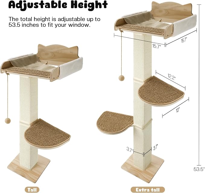 Solid Wood Cat Window Perch with 2 Jumping Platforms, Cat Hammock for Window with Scratching Post, Sisal Tall Cats Scratching Post with Large Perch, Wooden Cats Window Bed with 2 Suction Cups