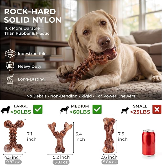 Kseroo 6-Pack Bacon Flavored Dog Chew Toys for Aggressive Chewers, Brown-XL | Indestructible, Heavy Duty, Rock-Hard Solid Nylon Bones for Medium & Large Dogs 25-90lbs, Tough, Long-Lasting, Keep Them Busy