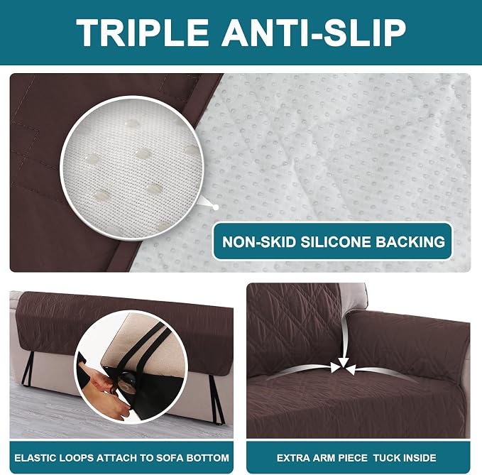 Turquoize 100% Waterproof Sofa Covers Couch Cover for 3 Cushion Couch Triple Non-Slip Sofa Slipcover Washable Furniture Protector for Pets, Kids, Dog (Sofa 70", Chocolate)