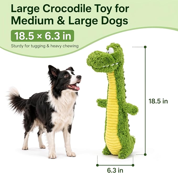 Squeaky Dog Plush Chew Toy, Interactive Tug Squeaky Toy for Chewers, Medium & Large Dogs & Fetch Play, 18.5 In Stuffed Long-Neck Crocodile Toy with Soft Plush Body for Gentle Gum Care & Boredom Relief
