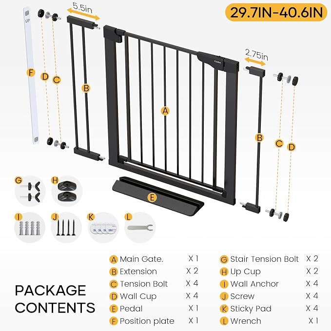 Cumbor 30-40.6 in Baby Gate for Stairs and Doorways, Dog Gate Indoor Black | Mom's Choice Awards Winner, Pressure Mounted, Auto-Close, Easy Walk Thru Door, For Dogs Indoor
