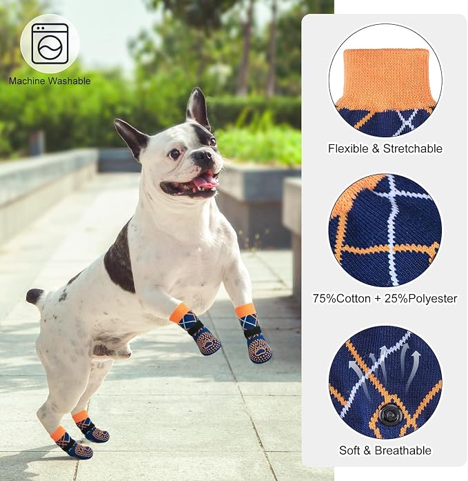 BEAUTYZOO 6PCS Dog Socks to Prevent Licking Paws, Anti Slip Dog Shoes for Hot Pavement Hardwood Floors, Traction Control Toe Grips Boots & Paw Protectors for Small Medium Large Senior Dogs, Blue S