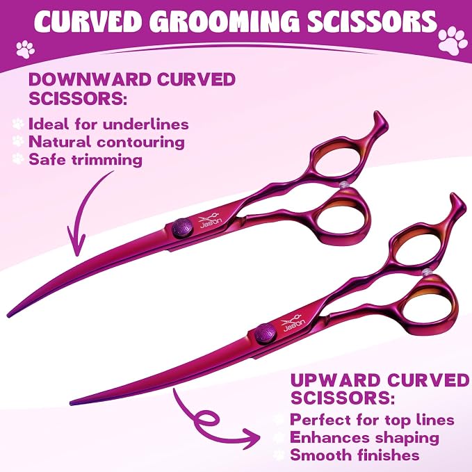 JASON Dog Grooming Scissors Set - 7" Purple 6-in-1 Professional Shears | Thinning, Straight, Up-Curved, Down-Curved Scissors and Comb for Dog Cat Pet with Adjustable Screw
