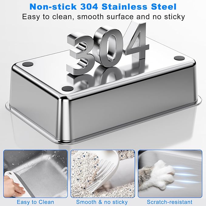 Non-Stick Stainless Steel Litter Box, XL Side Open Splash-Proof&Leak-Proof | Seamless Seal, Ellenpent Large Capacity, Cat Litter Box with Lid for Multi-Cats, Large Cats, Easy-Clean & Durable (Gray)