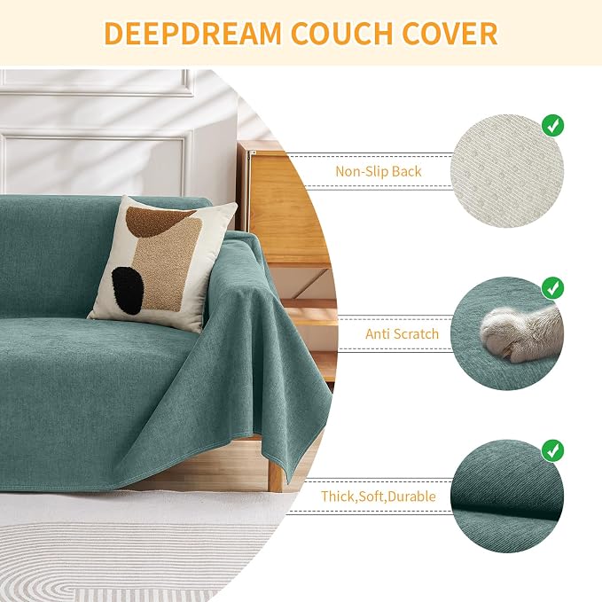 Deep Dream Cat-Scratch Resistant Couch Cover, Waterproof Sofa Cover for 3 Cushion Couch Washable, Pet Friendly Couch Protectors Anti Slip Thickened Love Seat Slipcovers for Dogs Pets,71" x 134",Green