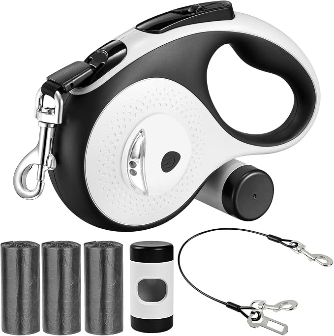 26Ft Retractable Dog Leash - for Dog Up to 110lbs, Tangle Free Walking Leash with Chew Proof Cable | LED Light | Dispenser | Poop Bags, Quick Lock Braking & Non-Slip Handle (White)