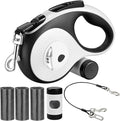 26Ft Retractable Dog Leash - for Dog Up to 110lbs, Tangle Free Walking Leash with Chew Proof Cable | LED Light | Dispenser | Poop Bags, Quick Lock Braking & Non-Slip Handle (White)