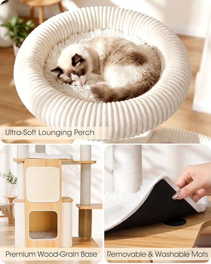 63" Heavy Duty Cat Tree for Indoor Cats, Sturdy Cat Tower for Large Cats with Scratching Post, Plush Top Perch, Cat Condo (Natural Wood)