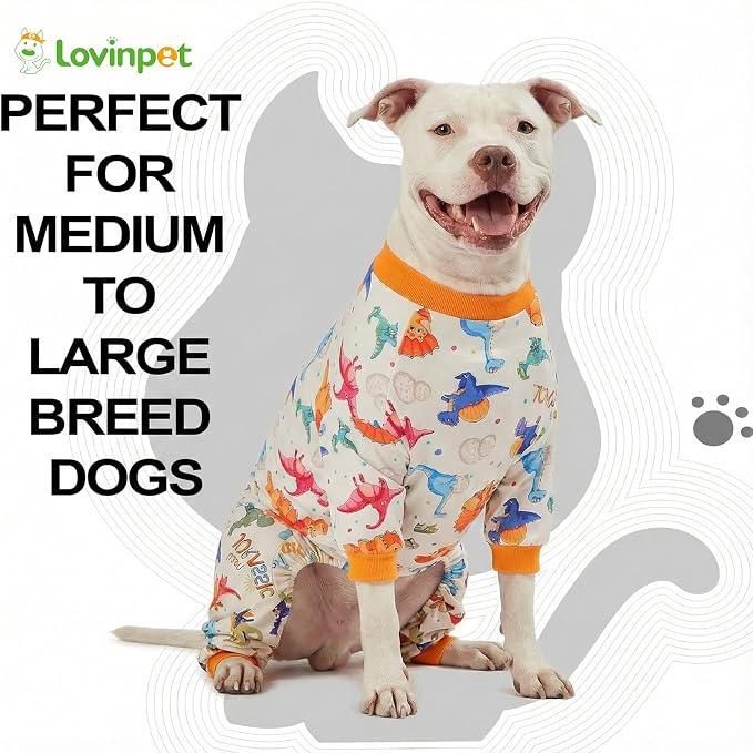 LovinPet Large Dog Pajamas, Four-Leg Stretch Onesie Bodysuit, Lightweight UV-Shielding Pajamas, Anti-Lick Calming Recovery Suit for Surgery, 3D Dino Egg Spikes, Easy on/Off， White， XXL