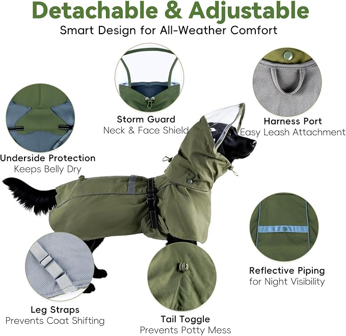 Waterproof Dog Rain Coat, Breathable Windproof Dog Raincoat with Adjustable Strip, Leash Port, Removable Hood, Reflective Full-Body Coverage Pet Poncho | Large Dogs, Green（6XL