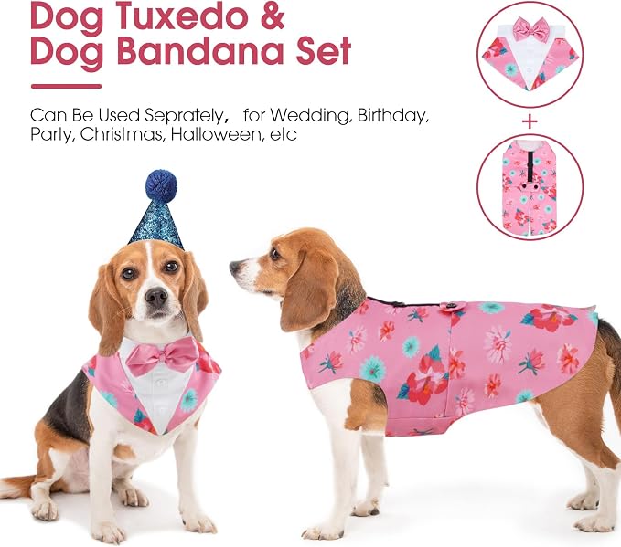 Kuoser Dog Tuxedo, Dog Suit and Bandana Set, Dogs Costume with D-Ring | Formal Dog Outfit with Detachable Bowtie Collar for Wedding, Birthday, Party, Christmas, Halloween, Pink Flower XL