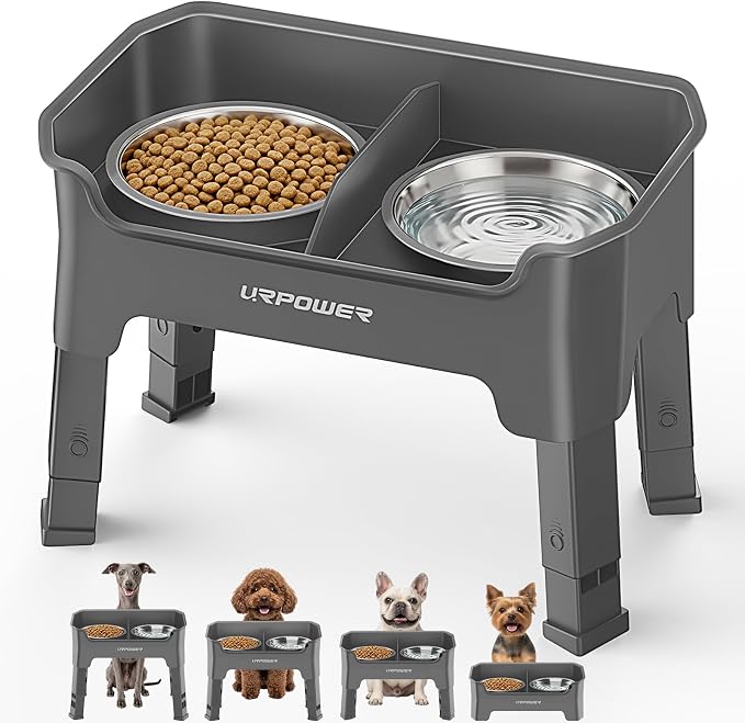 URPOWER Mess Proof Elevated Dog Bowls for Small Dogs with Splash Guard | 4 Height Adjustable Raised Stand with 2 Stainless Steel Food Bowls & Licking Plate for Small, Medium & Large Dogs
