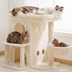 Heybly 26.3" Cat Tree for Large Cats with Big Perch & Dual Condos HCT204SM | 26.3-inch Spacious Cat Tower with Scratching Posts, Stair-Style Cat House Furniture with Cozy Basket & Pompom, Beige