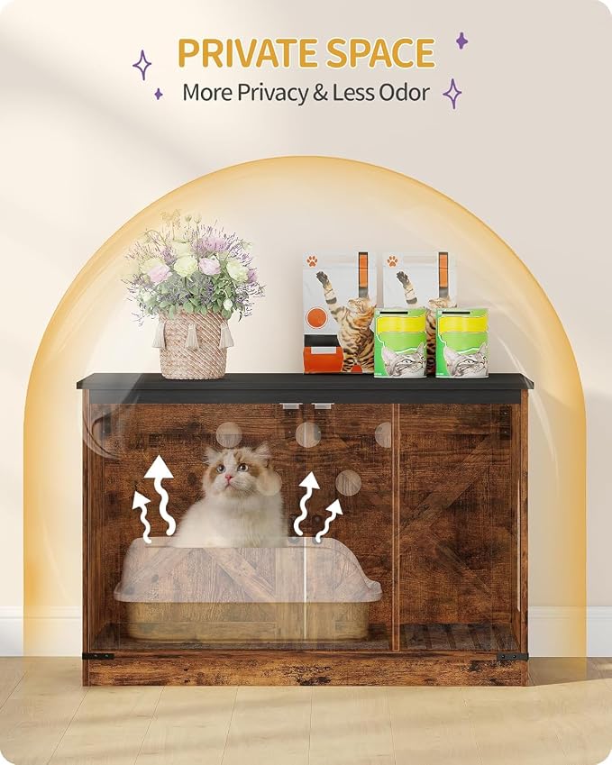 Hzuaneri Cat Litter Box Enclosure, Hidden Litter Box Furniture with Divider | Wooden Cat Cabinet with Removable Dividers, Reversible Entrance Left or Right Side, Cat Washroom, Rustic Brown Black CB84601X