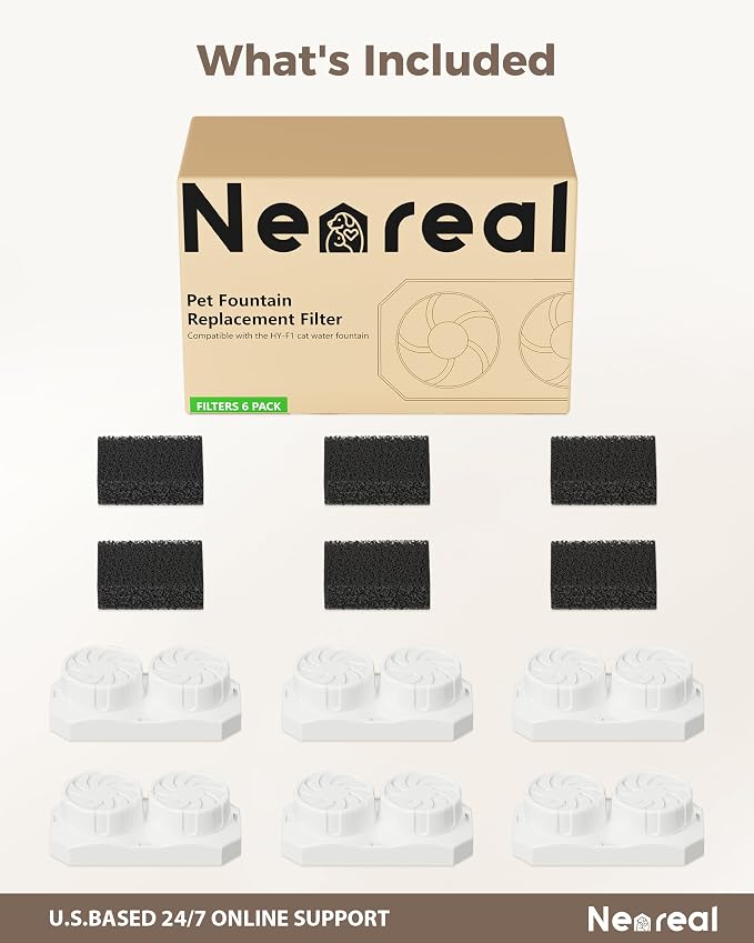 Neareal Cat Water Fountain Replacement Filters and Pre-Filter Sponges | Includes 6 Filters and 6 Sponges for 74oz/2.2L Stainless Steel Pet Fountain