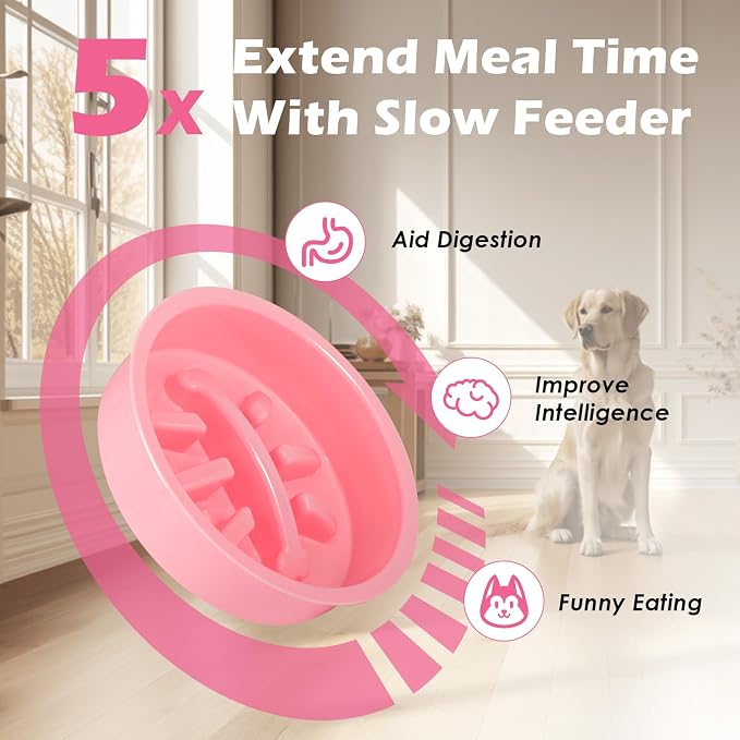 SHAINFUN Pink Elevated Dog Bowl Stand with Two 1700ml Stainless Steel Food Bowls, Slow Feeder and Spill Proof Mat, Adjustable Feeder for Large, Medium and Small Dogs