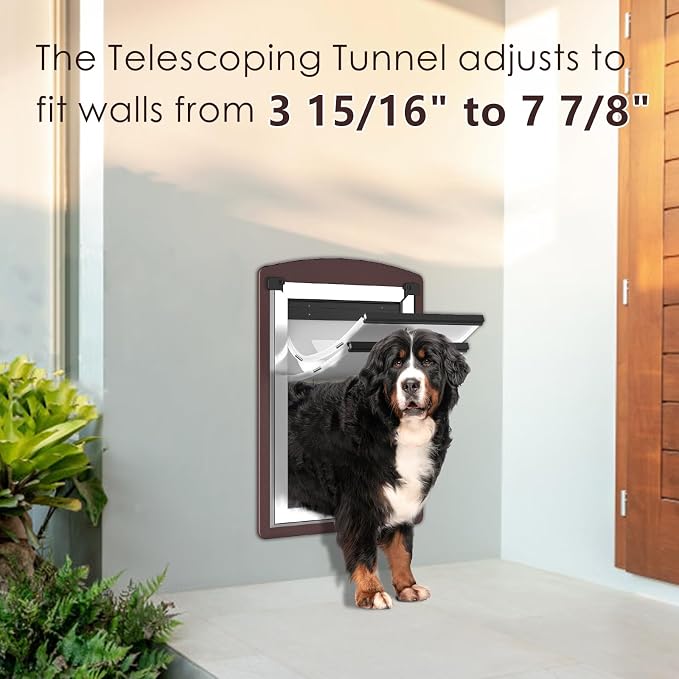Extra Large Dog Door for Wall,Steel Frame,Up to 200lbs | 2 Magnetic Flaps, 2 Lock Panels,Telescoping Tunnel, Door for Interior and Exterior Wall, X-Large, Coffee Color