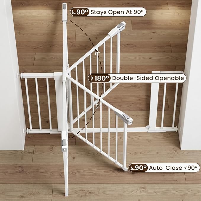 Mumeasy 29.7-51" Extra Wide Baby & Dog Safety Gate for Stairs & Doorways | Pressure/Hardware Mount Child & Pet Gate, Auto Close Easy Access Walk Thru Door for House, Hallway, Indoor & Outdoor, White