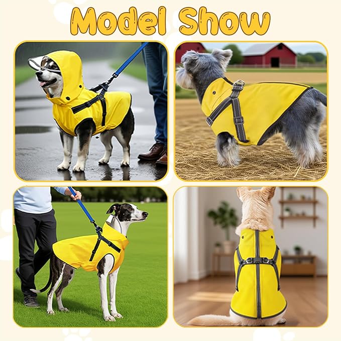 Dog Raincoat: Dog Rain Jacket with Reflective Harness & Removable Hood | Waterproof Dogs Rain Coat Poncho for Large Medium Small Dogs Puppies (Yellow - S)