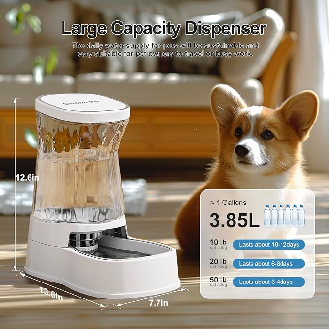 Gardner Pet Automatic Dog Water Dispenser Gravity Stainless Steel Water Waterer Feeder, 100% BPA-Free Large Capacity Water Feeding Bowls for Medium & Large-Sized Dogs Cats Other Pets -(1 Gallon)