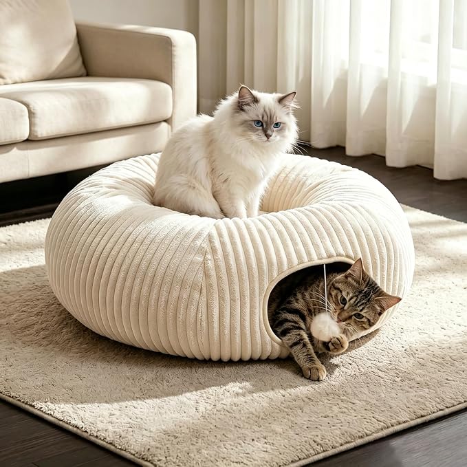 Cat Tunnel Bed with 30 Pcs Interactive Cat Toys, Cat Tube with Kitten Toys for Indoor Kittens, Collapsible Play Tunnel, White