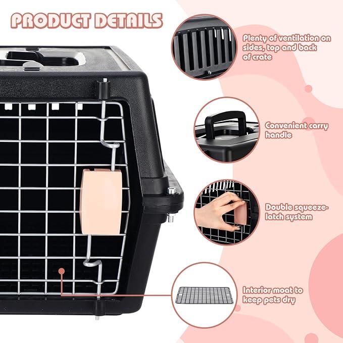 2 Set 18.9" Pet Carrier for Small Cats and Dogs, Hard Sided Plastic Cat Kennel for Pet with Front Door Security Lock Fully Breathable Travel Crate, up to 13 Lbs(Black,18.9 x 12.6 x 11.8 Inch)