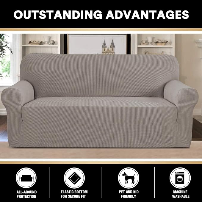 Stretch Sofa Cover Slipcover Couch Covers for 3 Cushion Couch Furniture Protector Sofa Covers with Non Slip Elastic Bottom Dogs Pet Friendly Fitted(Large Sofa 90"-100",Taupe)