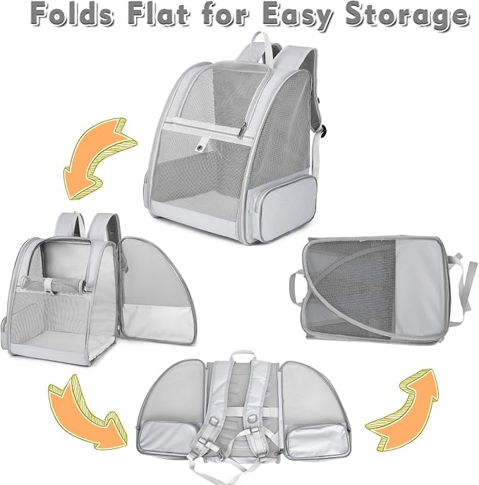 Cat Backpack Carrier, Large Pet Carrier Backpack with Kitten Wand Feather Toy for Medium Small Dog Cat Puppy Kitty Bunny up to 15lbs, Ventilated Mesh Kitten Bookbag for Travel Walking Outdoor (Grey)