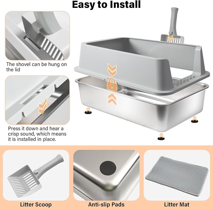 Stainless Steel Cat Litter Box with Lid,XL Metal Litter Box Stainless Steel | Mat & Scoop, Odor-Free/Anti-Leakage & Non-Stick/Easy Clean, High-Sided Litter Box for Multiple Big Cats(XL/Grey)