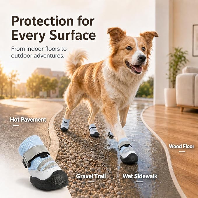 Dog Boots, Waterproof Dog Shoes with Reflective Straps, Rugged Anti-Slip Sole Paw Protectors for Medium Large Dogs, Breathable Pet Booties for Hot Pavement, Snow, Hiking, 4Pcs
